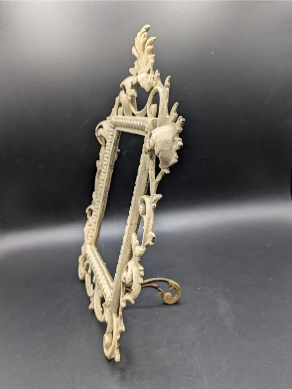 Antique Victorian Painted Cast Iron Ornate Metal Picture Frame Easel Back 4x6